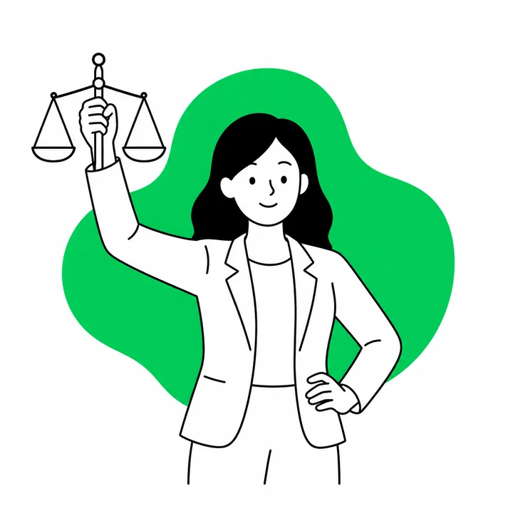 Una persona del equipo legal, de pie y firme, sostiene la balanza de la justicia